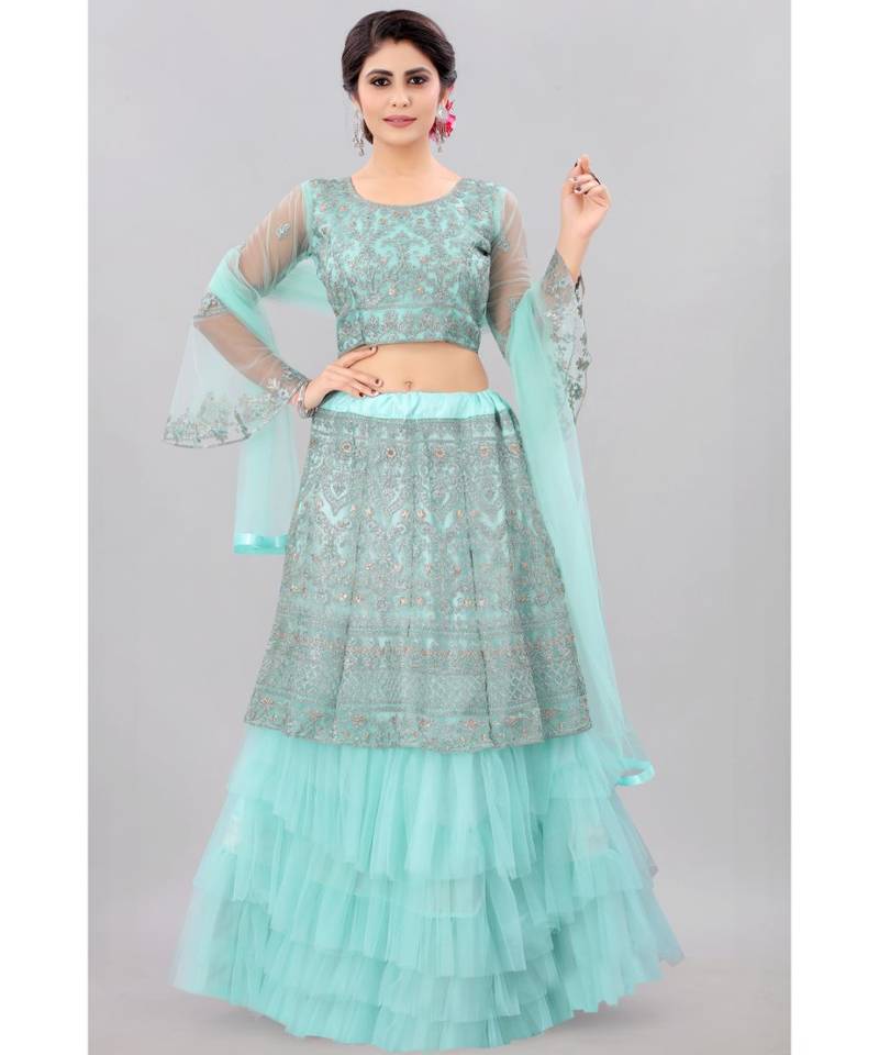 Angel Trends Sky Blue Net Zari work Semi Stitched Lehenga Choli with Dupatta