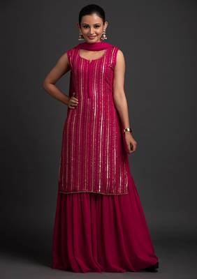 Pink Color Embroidered Sequence Work Georgette Staright Kurti and Sharara Set With Dupatta 1