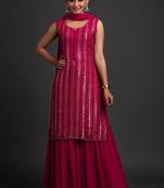 Pink Color Embroidered Sequence Work Georgette Staright Kurti and Sharara Set With Dupatta