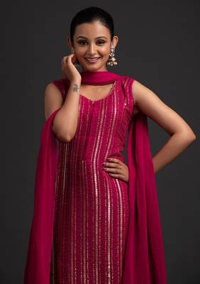 Pink Color Embroidered Sequence Work Georgette Staright Kurti and Sharara Set With Dupatta 2