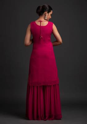 Pink Color Embroidered Sequence Work Georgette Staright Kurti and Sharara Set With Dupatta 3