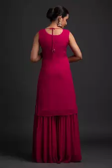 Pink Color Embroidered Sequence Work Georgette Staright Kurti and Sharara Set With Dupatta