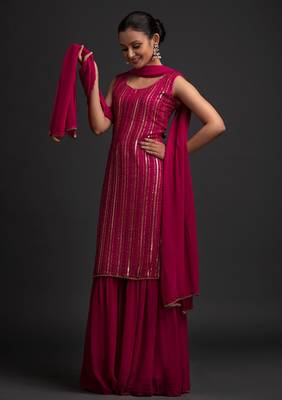 Pink Color Embroidered Sequence Work Georgette Staright Kurti and Sharara Set With Dupatta 4