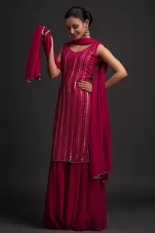 Pink Color Embroidered Sequence Work Georgette Staright Kurti and Sharara Set With Dupatta