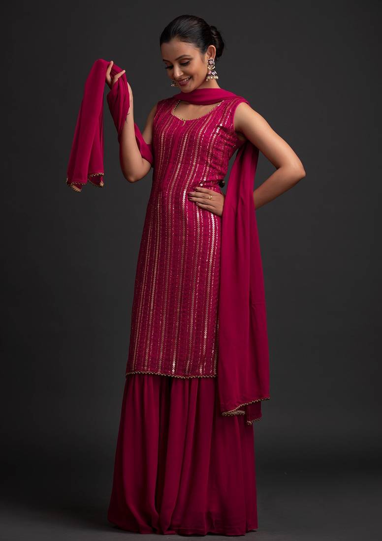 Pink Color Embroidered Sequence Work Georgette Staright Kurti and Sharara Set With Dupatta