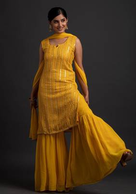Yellow Color Embroidered Sequence Work Georgette Staright Kurti and Sharara Set With Dupatta 1