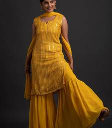 Yellow Color Embroidered Sequence Work Georgette Staright Kurti and Sharara Set With Dupatta