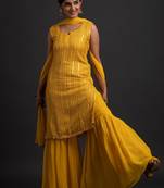 Yellow Color Embroidered Sequence Work Georgette Staright Kurti and Sharara Set With Dupatta
