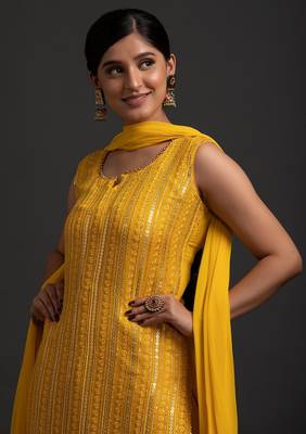 Yellow Color Embroidered Sequence Work Georgette Staright Kurti and Sharara Set With Dupatta 2