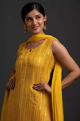 Yellow Color Embroidered Sequence Work Georgette Staright Kurti and Sharara Set With Dupatta
