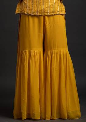 Yellow Color Embroidered Sequence Work Georgette Staright Kurti and Sharara Set With Dupatta 3