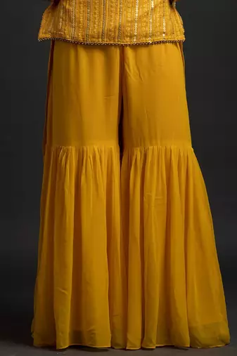 Yellow Color Embroidered Sequence Work Georgette Staright Kurti and Sharara Set With Dupatta