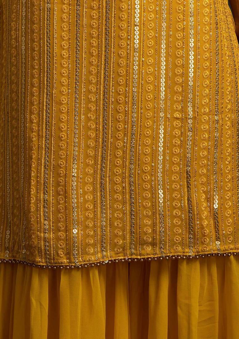 Yellow Color Embroidered Sequence Work Georgette Staright Kurti and Sharara Set With Dupatta