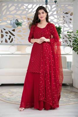 Red Color Embroidered Sequence Work Georgette Staright Kurti and Sharara Set With Dupatta 1