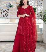 Red Color Embroidered Sequence Work Georgette Staright Kurti and Sharara Set With Dupatta