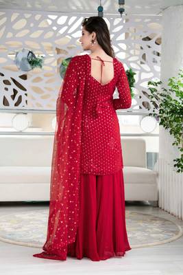 Red Color Embroidered Sequence Work Georgette Staright Kurti and Sharara Set With Dupatta 2