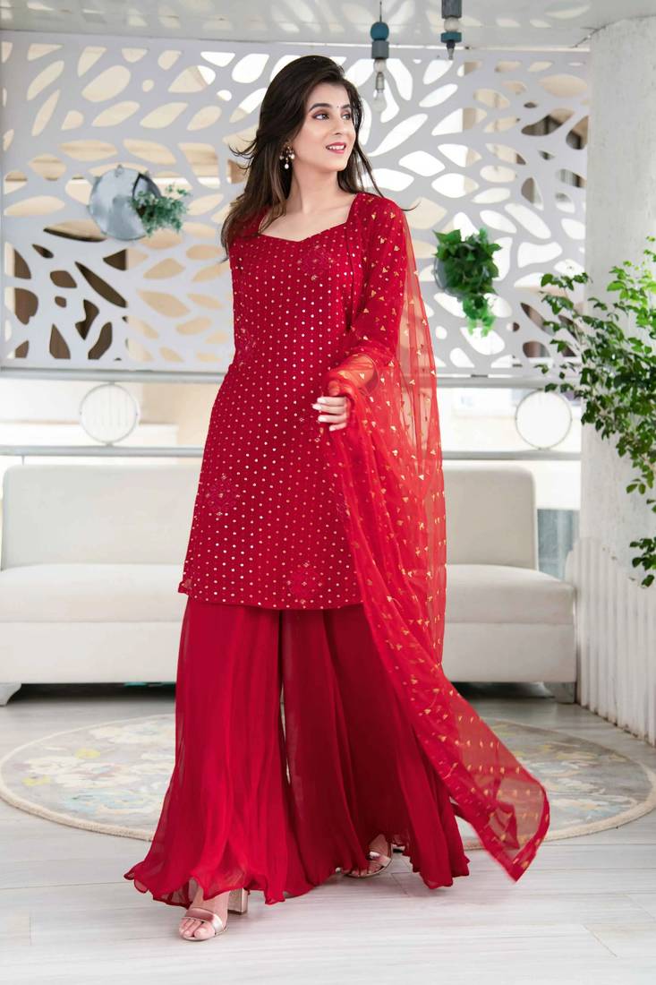 Red Color Embroidered Sequence Work Georgette Staright Kurti and Sharara Set With Dupatta