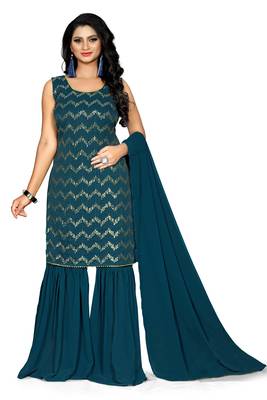 Turquoise Color Embroidered Zig Zag Sequence Work Georgette Staright Kurti and Sharara Set With Dupatta 1
