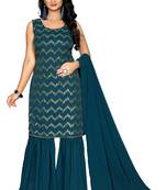 Turquoise Color Embroidered Zig Zag Sequence Work Georgette Staright Kurti and Sharara Set With Dupatta