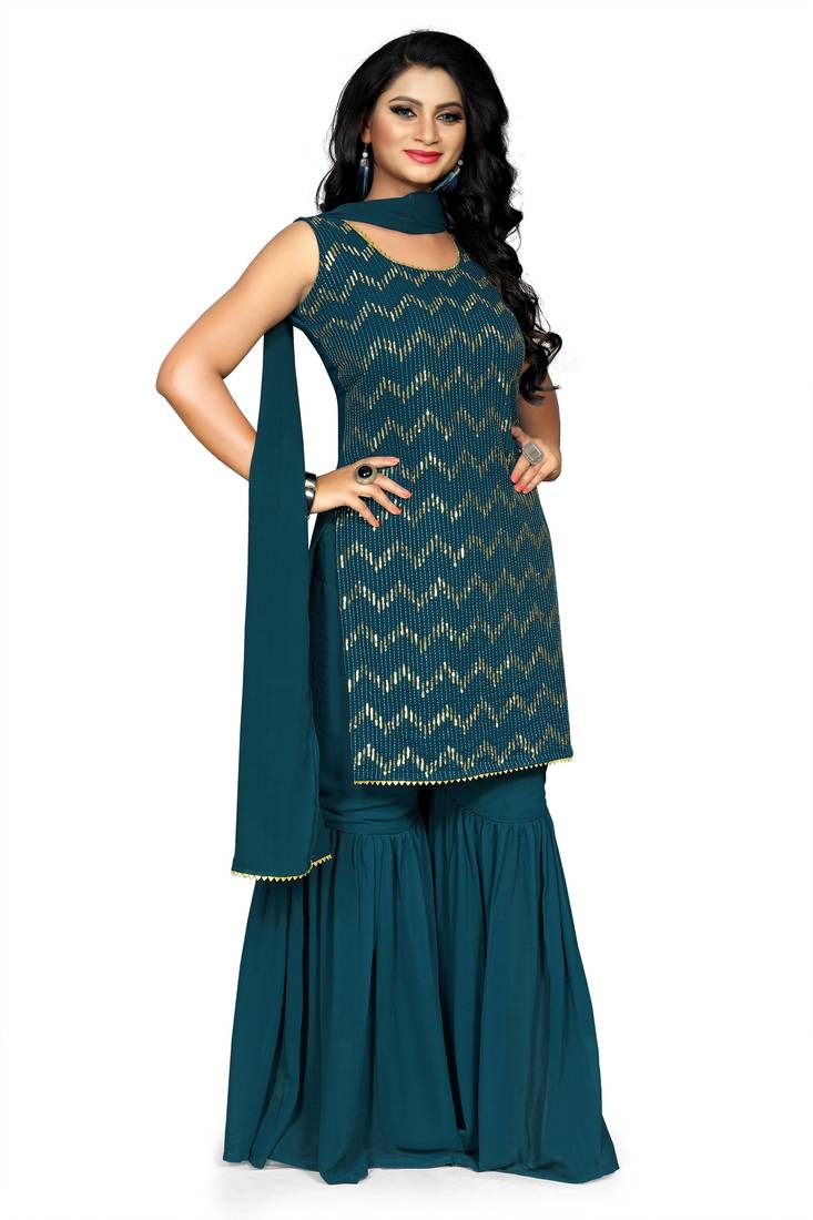 Turquoise Color Embroidered Zig Zag Sequence Work Georgette Staright Kurti and Sharara Set With Dupatta