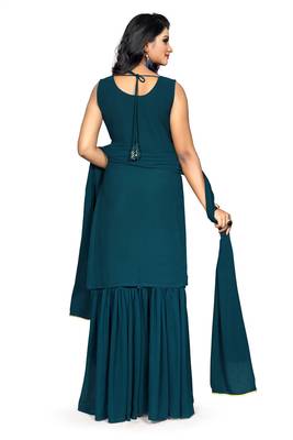 Turquoise Color Embroidered Zig Zag Sequence Work Georgette Staright Kurti and Sharara Set With Dupatta 3