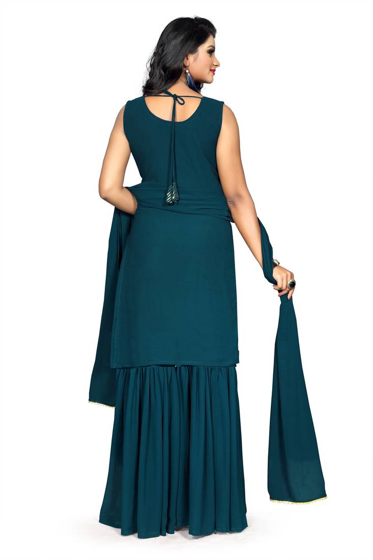 Turquoise Color Embroidered Zig Zag Sequence Work Georgette Staright Kurti and Sharara Set With Dupatta