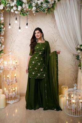 Mehndi Color Embroidered Flower Sequence Work Georgette Staright Kurti and Sharara Set With Dupatta 1