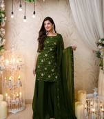 Mehndi Color Embroidered Flower Sequence Work Georgette Staright Kurti and Sharara Set With Dupatta