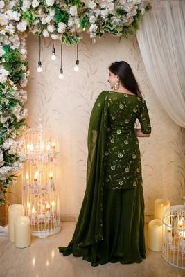 Mehndi Color Embroidered Flower Sequence Work Georgette Staright Kurti and Sharara Set With Dupatta 2