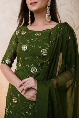 Mehndi Color Embroidered Flower Sequence Work Georgette Staright Kurti and Sharara Set With Dupatta 3