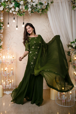 Mehndi Color Embroidered Flower Sequence Work Georgette Staright Kurti and Sharara Set With Dupatta 4