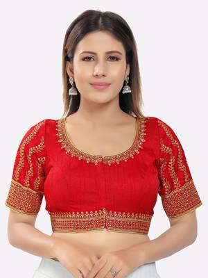 Salwar Studio Women's Red Silk Embroidered Readymade Saree Blouse 1