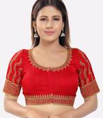 Salwar Studio Women's Red Silk Embroidered Readymade Saree Blouse