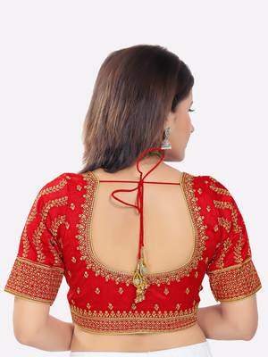 Salwar Studio Women's Red Silk Embroidered Readymade Saree Blouse 2