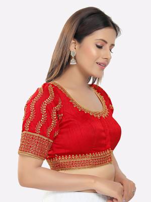 Salwar Studio Women's Red Silk Embroidered Readymade Saree Blouse 3