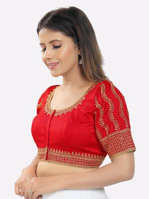 Salwar Studio Women's Red Silk Embroidered Readymade Saree Blouse 4