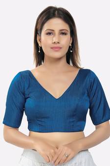 Salwar Studio Women's Cobalt Blue Silk Solid Readymade Saree Blouse