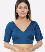 Salwar Studio Women's Cobalt Blue Silk Solid Readymade Saree Blouse