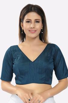 Salwar Studio Women's Fire Blue Silk Solid Readymade Saree Blouse