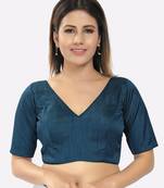 Salwar Studio Women's Fire Blue Silk Solid Readymade Saree Blouse