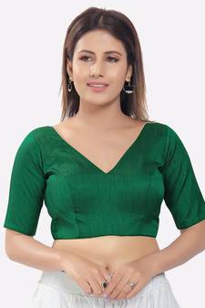 Salwar Studio Women's Green Silk Solid Readymade Saree Blouse