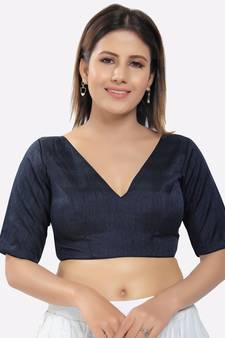 Salwar Studio Women's Navy Blue Silk Solid Readymade Saree Blouse