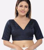 Salwar Studio Women's Navy Blue Silk Solid Readymade Saree Blouse