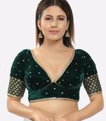 Salwar Studio Women's Green Velvet Embroidered Readymade Saree Blouse