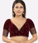 Salwar Studio Women's Maroon Velvet Embroidered Readymade Saree Blouse