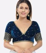 Salwar Studio Women's Peacock Blue  Velvet Embroidered Readymade Saree Blouse