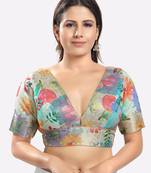 Blue Brocade Printed Pastel Deep V-Neck Blouse