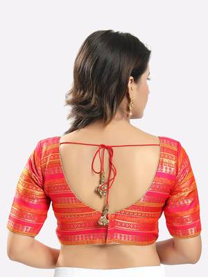 Salwar Studio Women's Pink Brocade Printed Readymade Saree Blouse 2