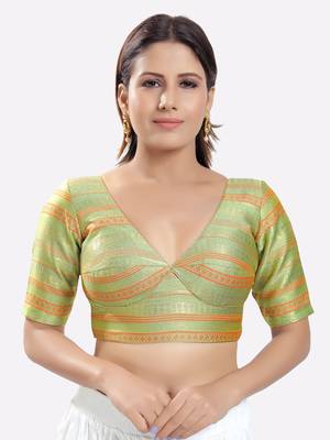 Salwar Studio Women's Pista Green Brocade Printed Readymade Saree Blouse 1