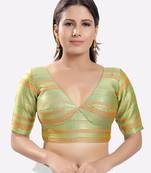 Salwar Studio Women's Pista Green Brocade Printed Readymade Saree Blouse